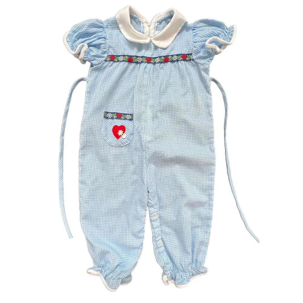 Vintage 70s Neiman Marcus Blue & White Gingham Baby Romper - 3-4T